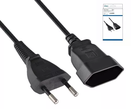 Cablu de alimentare de la fișă Euro la priză Euro, 0.75mm², Euro CEE 7/16, prelungire, VDE, negru, cutie DINIC cu orificiu Euro, lungime 2.00m