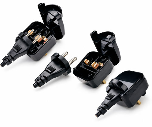 Stromadapter CEE 7/17 Buchse auf UK Typ G Stecker, 5A, verschraubt, schwarz
