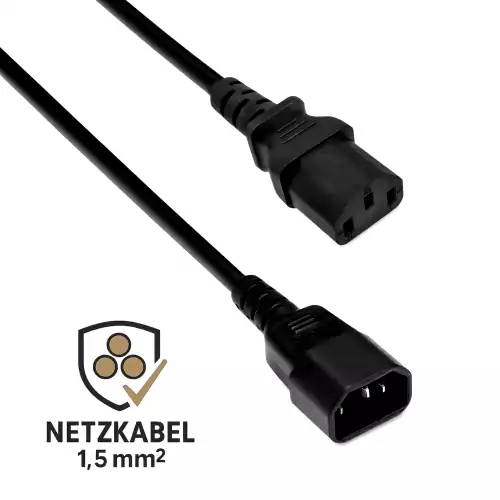 IEC-kabel met extra grote doorsnede van 1,5mm², C13 tot C14, verlenging, VDE, zwart, 5m