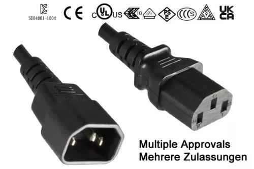 Toitekaabel C13 kuni C14, pikendus, 1mm², mitmekordse tüübikinnitusega: VDE/UL/CCC/KTL/SAA/PSE, must, pikkus 1,00m.