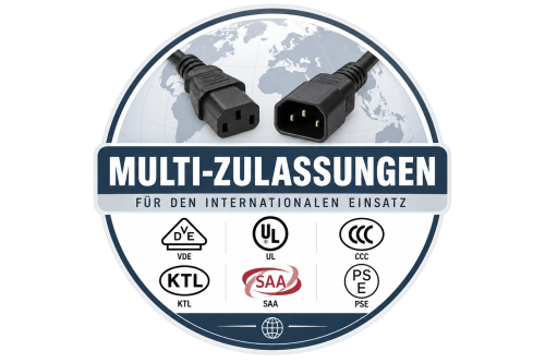 Kaltgerätekabel C13 auf C14, Verlängerung, 1mm², Multi-Zulassungen: VDE/UL/CCC/KTL/SAA/PSE, schwarz, Länge 3,00m
