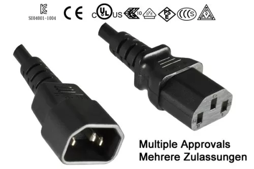 Power Extension Cord C13 to C14, 1mm², Multi-Certifications
