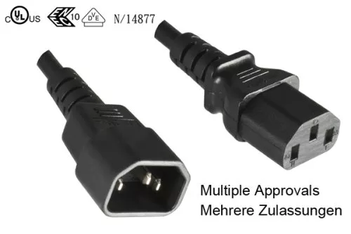 Kaltgeräteverlängerung C13 auf C14, 1mm², Multi-Zulassungen
