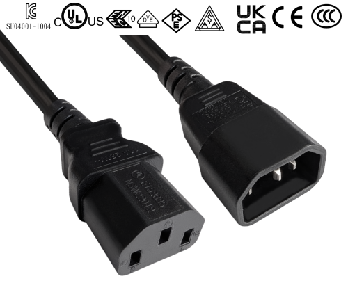 Napájecí kabel C13 až C14, prodlužovací, 1 mm², více homologací: VDE/UL/CCC/KTL/SAA/PSE, černý, délka 2,00 m