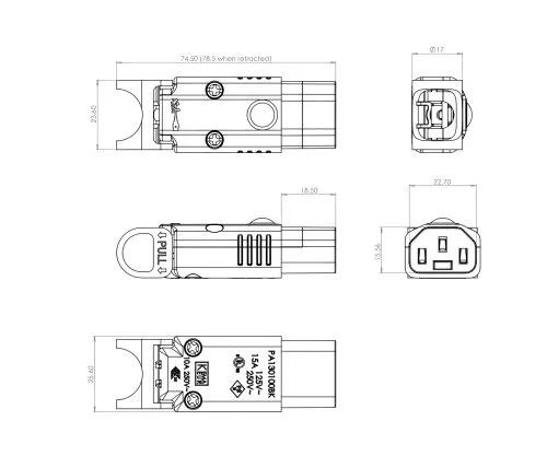 IEC-LOCK IEC60320-C13 plug with locking mechanism mountable connector