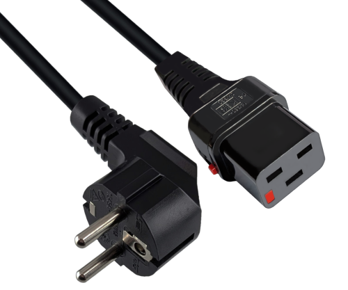 Netzkabel Europa CEE 7/7 90° auf C19, 1,5mm², mit Verriegelung, VDE, schwarz, Länge 2,00m