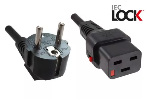 Power cord Europe CEE 7/7 90° to C19, 1,5mm², with lock, VDE, black, length 2,00m