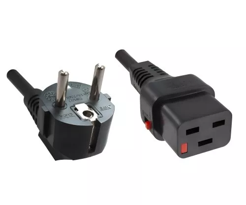 Power cord Europe CEE 7/7 90° to C19, 1,5mm², with lock, VDE, black, length 2,00m