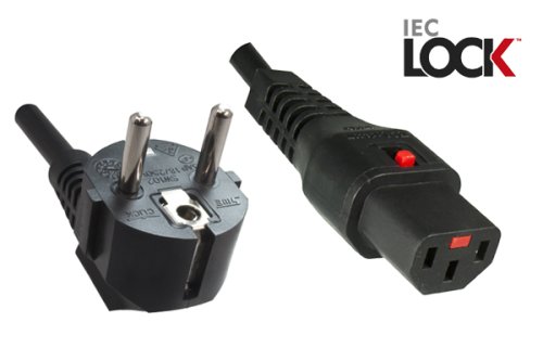 Power cord Europe CEE 7/7 90° to C13, 1mm², with lock, black, length 2,00m