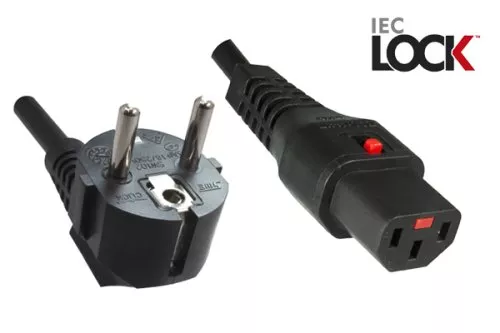 Power cord Europe CEE 7/7 90° to C13, 1mm², with lock, black, length 2,00m