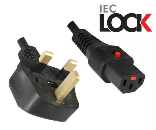 Mains cable England UK type G 5A to C13, with lock, 1.00mm², approval: BSI or ASTA, black, length 2.00m