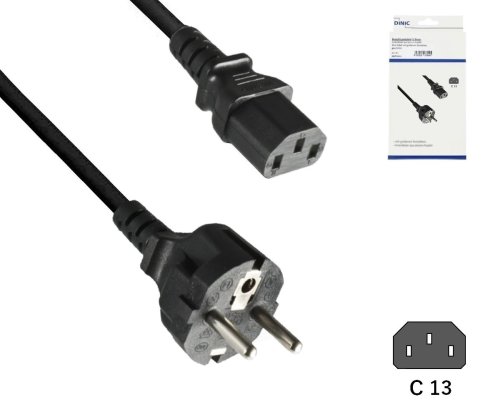Mains cable Europe CEE 7/7 straight to C13, 0.75mm², CEE 7/7/IEC 60320-C13, VDE, black, DINIC box with Euro hole, length 1.00m