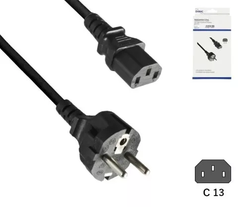 Kabel sieciowy Europa CEE 7/7 prosty do C13, 0.75mm², CEE 7/7/IEC 60320-C13, VDE, czarny, długość 1.00m, puszka DINIC