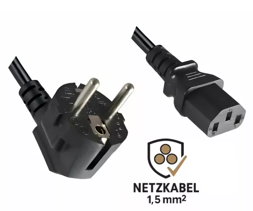 Omrežni kabel z zelo velikim presekom 1,5 mm², CEE 7/7 90° do C13, VDE-certifikat, črn, dolžina 5 m Omrežni kabel z zelo velikim presekom 1,5 mm², CEE 7/7 90° do C13, VDE-certifikat, črn, dolžina 5 m