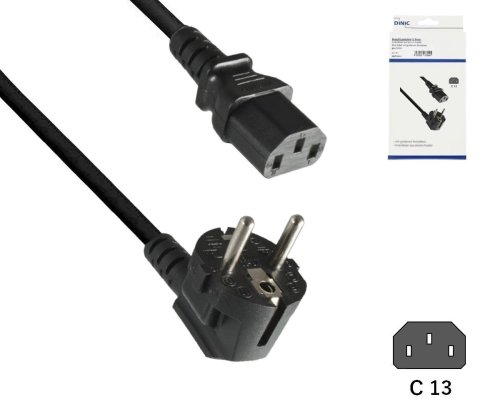 Mains cable Europe CEE 7/7 90° to C13, 1 mm², VDE, black, DINIC box with Euro hole, length 3.00m