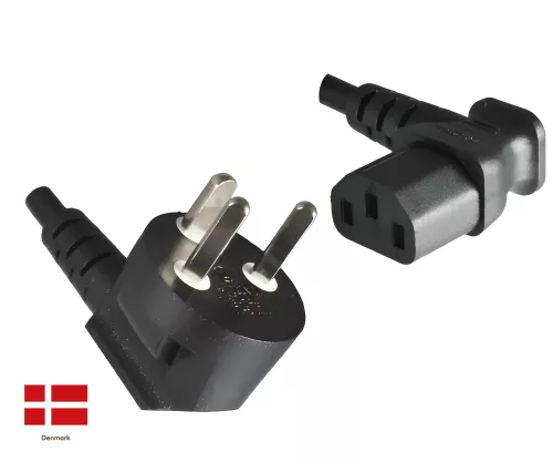 Mains cable Denmark type K 90° to C13 90°, 0.75mm², approvals: VDE/DEMKO, black, length 1.80m