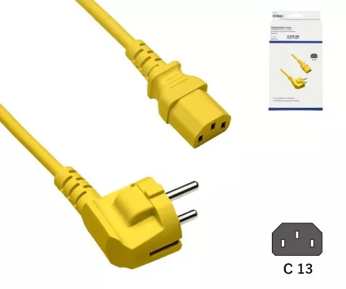 Hálózati kábel Európa CEE 7/7 90° C13-ra, 0,75mm², VDE, sárga, hossza 1,80m, DINIC dobozban