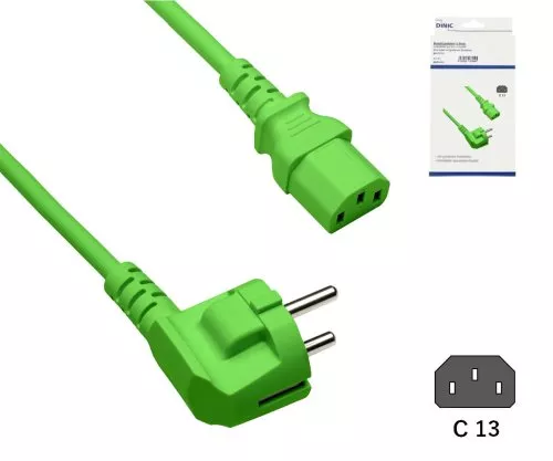 Câble secteur Europe CEE 7/7 90° sur C13, 0,75mm², VDE, vert, longueur 1,80m, DINIC Box