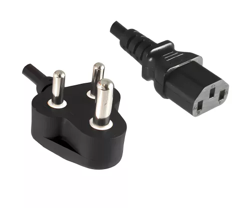 Mains cable India type D to C13, 0.75mm², approval: BIS, black, length 5.00m