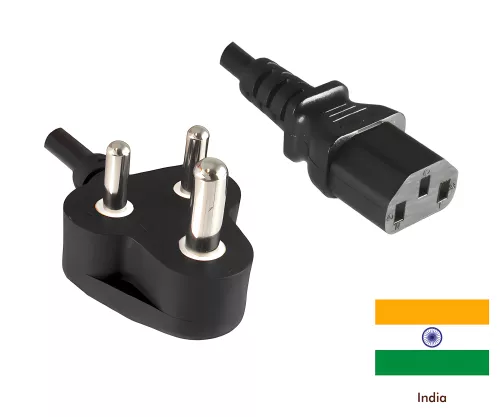 Mains cable India type D to C13, 0.75mm², approval: BIS, black, length 5.00m