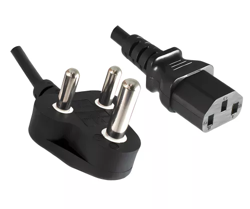 Netzkabel Indien Typ M auf C13, 0,75mm², 16A, Zulassung: BIS, schwarz, Länge 1,80m
