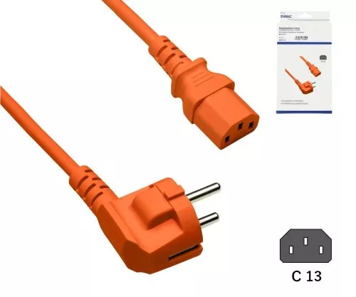 Hálózati kábel Európa CEE 7/7 90° C13-ra, 0,75mm², VDE, narancssárga, hossza 1,80m, DINIC dobozban