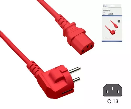 Kabel sieciowy Europa CEE 7/7 90° do C13, 0,75 mm², VDE, czerwony, długość 1,80 m, puszka DINIC