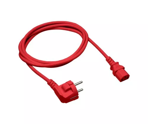 Cable de red Europa CEE 7/7 90° a C13, 1 mm², VDE, rojo, longitud 5,00m