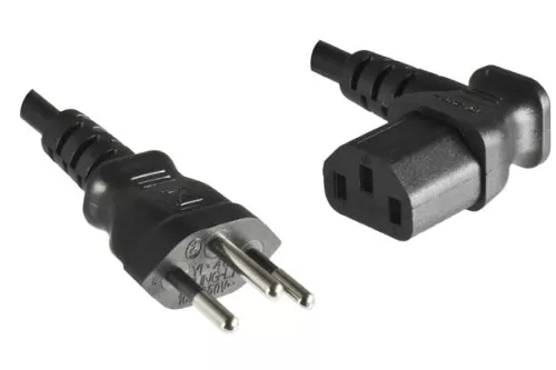 Síťový kabel Švýcarsko typ J (částečně izolovaný) na C13 90°, 0,75 mm², schválení: SEV, černý, délka 1,00 m