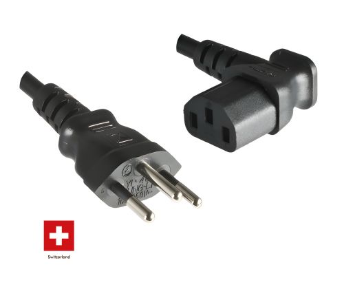 Võrgukaabel Šveitsi tüüp J (osaliselt isoleeritud) C13 90°, 0,75mm², tüübikinnitus: SEV, must, pikkus 1,80m.