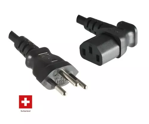 Netzkabel Schweiz Typ J (teilisoliert) auf C13 90°, 0,75mm², Zulassung: SEV, schwarz, Länge 1,80m