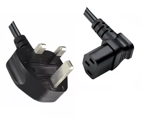 Mains cable England UK type G 10A to C13 90°, 0.75mm², approved: ASTA / SASO /HK and Singapore SM, black, length 1.80m