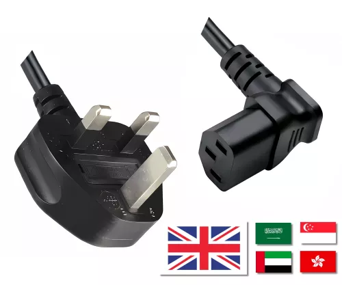 Mains cable England UK type G 10A to C13 90°, 0.75mm², approved: ASTA / SASO /HK and Singapore SM, black, length 1.80m