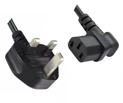 Mains cable England UK type G 10A to C13 90°, 0.75mm², approved: ASTA /SASO /HK and Singapore SM, black, length 2.00m