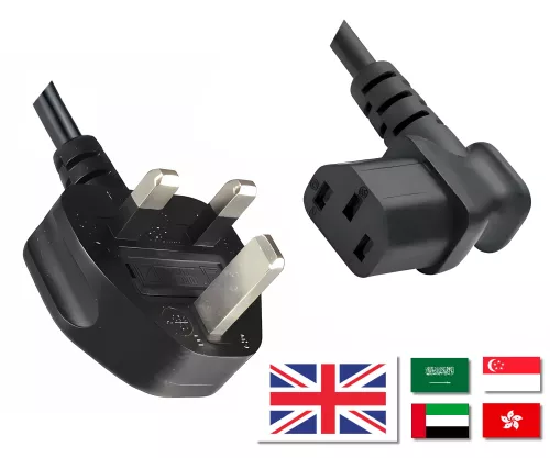 Mains cable England UK type G 10A to C13 90°, 0.75mm², approved: ASTA /SASO /HK and Singapore SM, black, length 2.00m