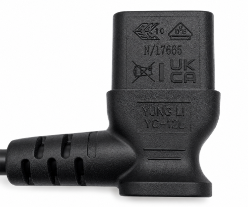 Καλώδιο δικτύου Αγγλίας τύπου G 10A σε C13 90°, 0.75mm², εγκεκριμένο: ASTA /SASO /HK και Singapore SM, μαύρο, μήκος 2.00m