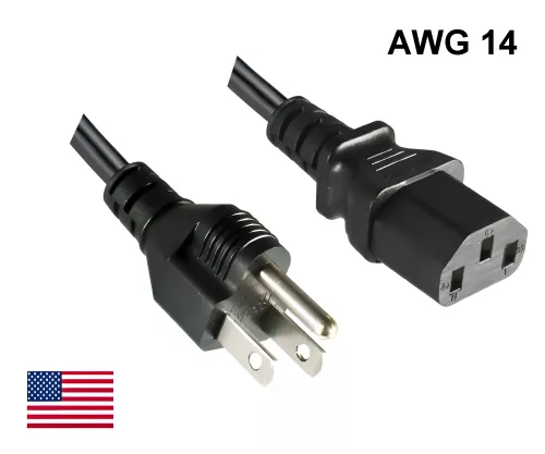 Netzkabel Amerika USA NEMA 5-15P, Typ B auf C13, großer Querschnitt AWG14, SJT, UL/CSA, schwarz, Länge 1,80m