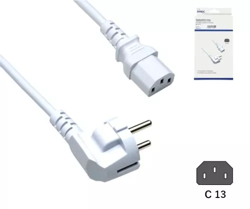 Netzkabel Europa CEE 7/7 90° auf C13, 0,75mm², VDE, weiß, Länge 1,80m, DINIC Box