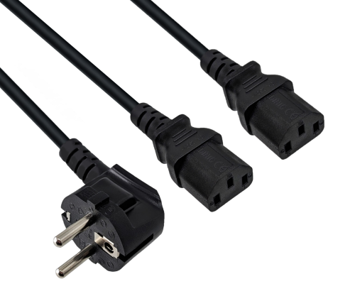 Y netsnoer CEE 7/7 90° 1,20m naar 2x C13 0,80m, 1mm², VDE, zwart, lengte 2,00m