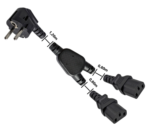 Y netsnoer CEE 7/7 90° 1,20m naar 2x C13 0,80m, 1mm², VDE, zwart, lengte 2,00m