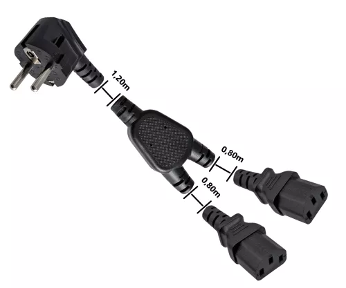 Sieťový kábel Y CEE 7/7 90° 1,20 m na 2x C13 0,80 m, 1 mm², VDE, čierny, dĺžka 2,00 m