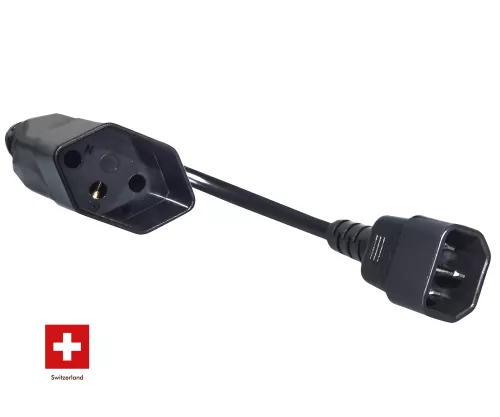 Mains cable Switzerland type J to C14, 0.75mm², approval: SEV, black, length 0.30m Mains cable Switzerland type J to C14, 0.75mm², approval: SEV, black, length 0.30m