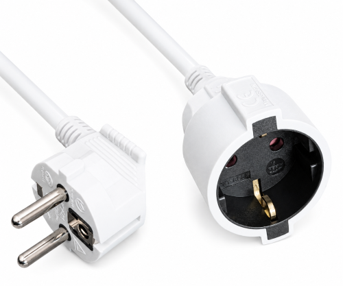 Earthing contact extension cable, 1.5mm², CEE 7/7 90° to CEE 7/3, plug to socket, white, length 2m