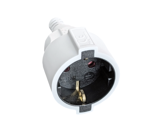 Cable alargador de contacto de puesta a tierra, 1,5 mm², CEE 7/7 90° a CEE 7/3, de clavija a enchufe, blanco, longitud 2 m