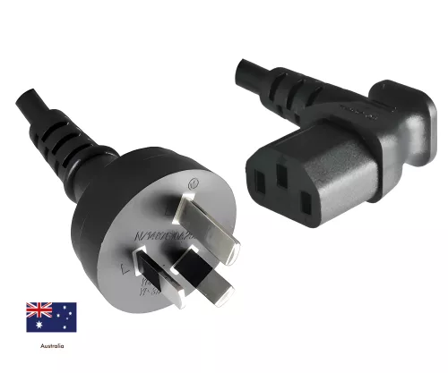 Mains cable Australia type I to C13 90°, 0.75mm², SAA, black, length 1.80m