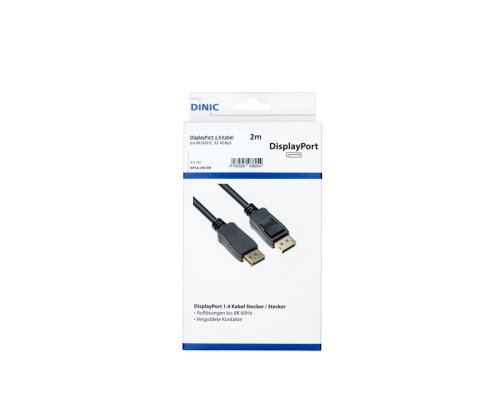 Kabel DisplayPort 1.4, 2x DP konektor, 8K, podpora 8K/60HZ, 32,4GBpS, černý, krabička DINIC s eurootvorem, 2m