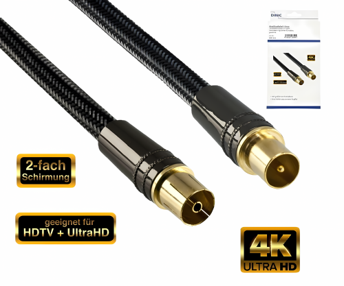 Premium antenna cable coax plug to socket, black, DINIC box with Euro hole, length 5m