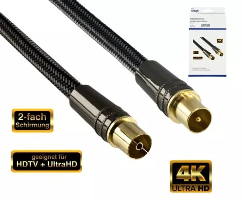 DINIC Premium antenna cable male to female, 1m, HD TV, Ultra HD, 24k gold-plated plugs, black, DINIC Box