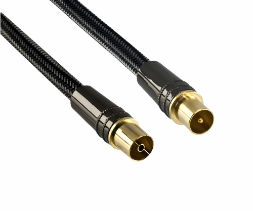Premium antenna cable coax plug to socket, black, DINIC box with Euro hole, length 5m