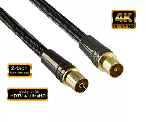 DINIC premium antenna cable plug to socket, HD TV, Ultra HD, 24k gold-plated plugs, black, DINIC box with Euro hole, length 1.00m